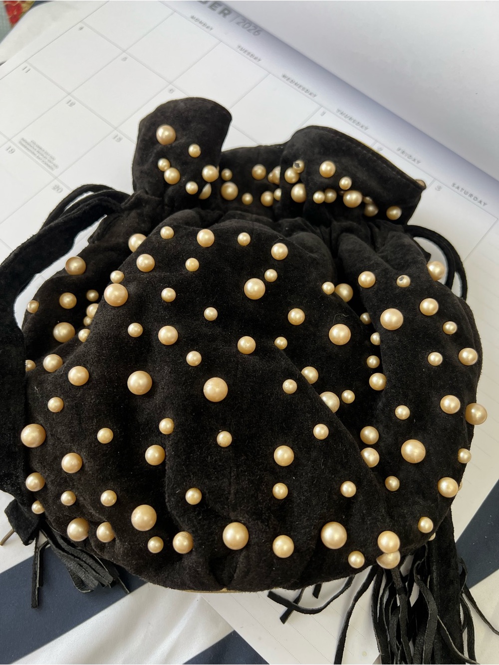 Black suade vintage  Pearl-Embellished Drawstring Bag